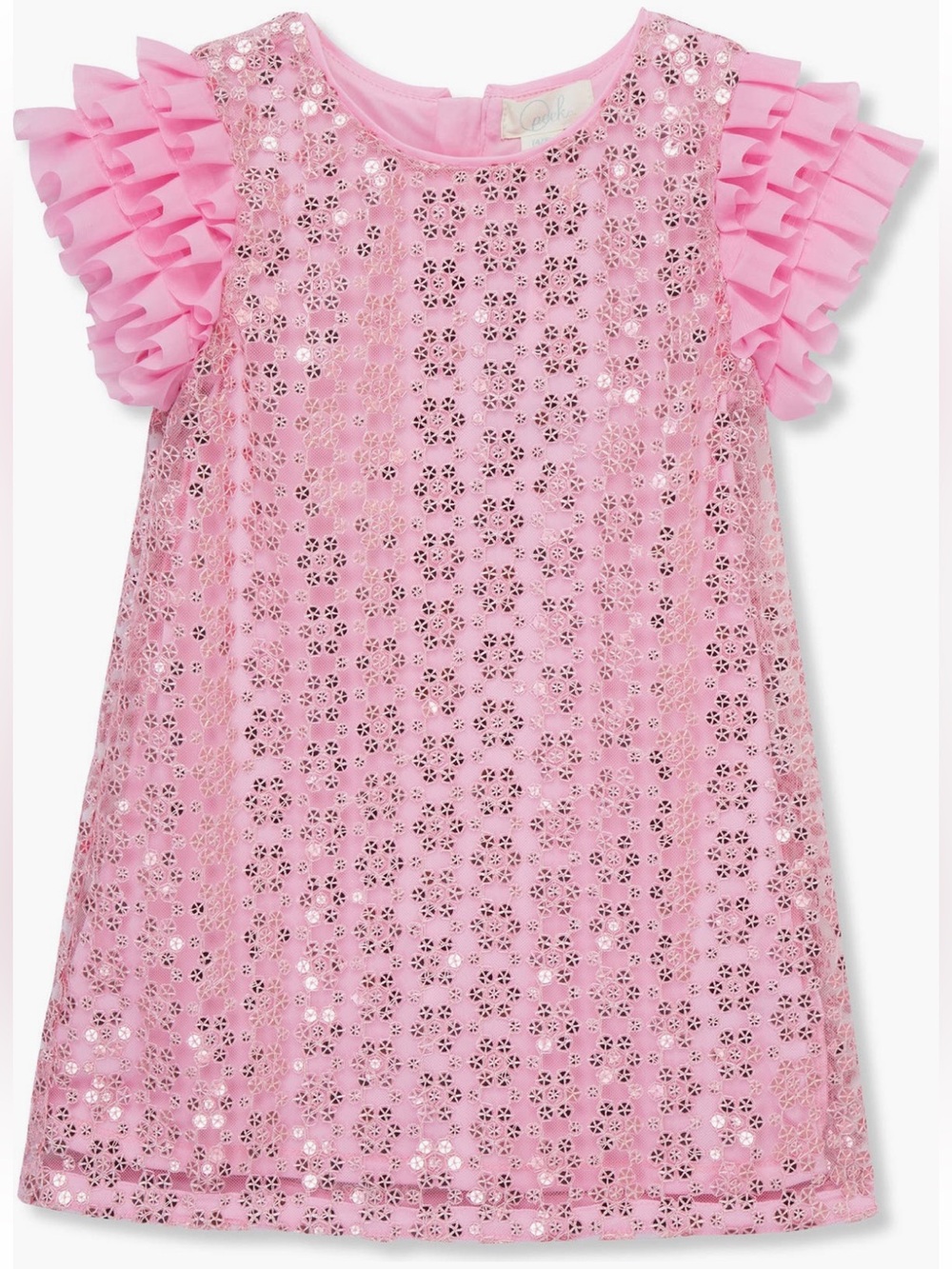Peek Pink Sequin Flower Lace Ruffle Sleeve Dress